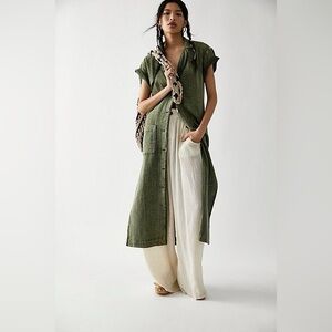 Free People Almeda Dress Olive Green Long Button-Down 100% Cotton dolman sleeves
